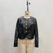 Round Neck Metal Buckle PU Leather Jacket
