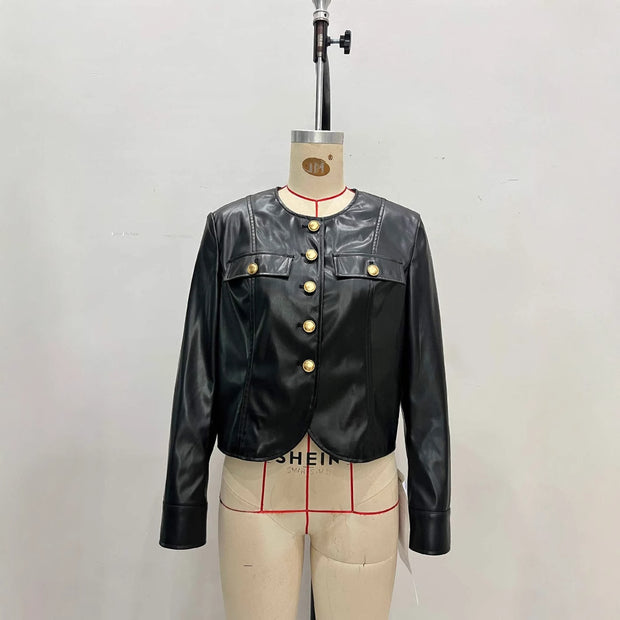 Round Neck Metal Buckle PU Leather Jacket