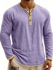 Digital Printing Two-tone Henley Shirt 3-button Men's Casual Long Sleeve