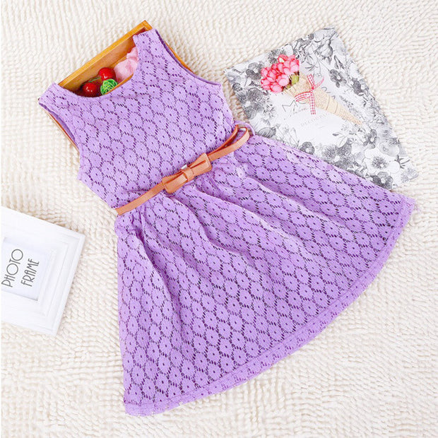 Summer Foreign Trade Children's Wear Korean Princess Dress Lace Hollow Belt Sleeveless Children Shirt Spot Delivery