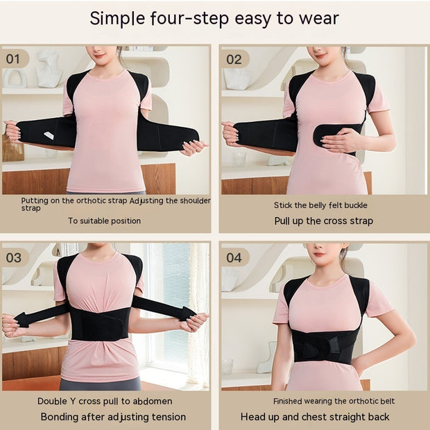 Simple four-step instructions to wear the Unisex Anti-Humpback Chest Lift Brace Posture Corrector.