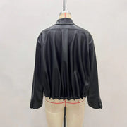 Fashionable Polo Collar Glossy Leather Loose Design