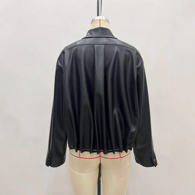 Fashionable Polo Collar Glossy Leather Loose Design