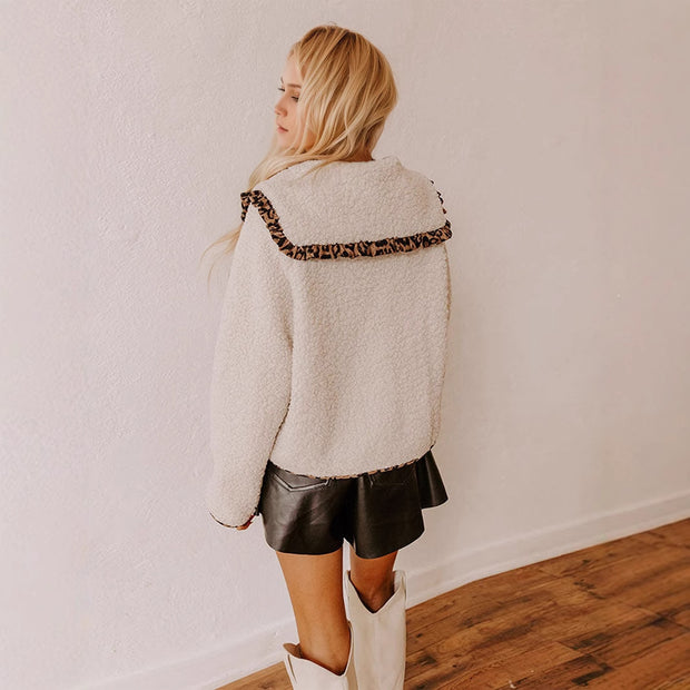 Leopard Splicing Doll Collar Lamb Plush Coat Women