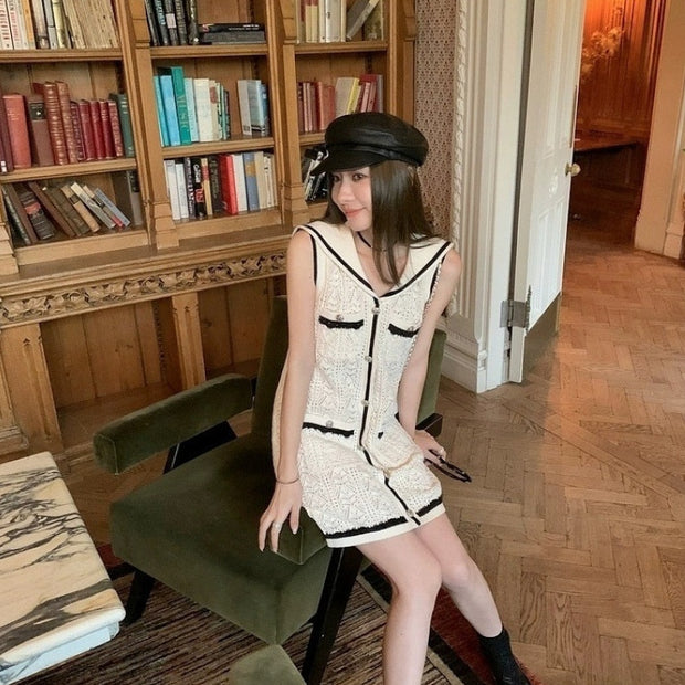 Classic Style Hollow Out Sleeveless Knitted Dress Female Elegance Retro Short Skirt