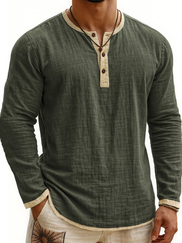 Digital Printing Two-tone Henley Shirt 3-button Men's Casual Long Sleeve