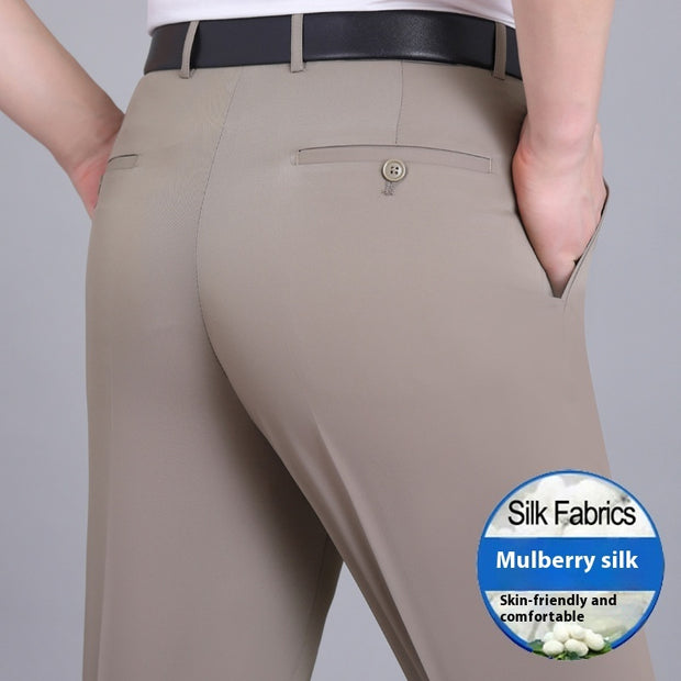 Men's Mulberry Silk Suit Pants Business Straight High Waist