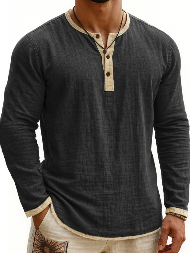 Digital Printing Two-tone Henley Shirt 3-button Men's Casual Long Sleeve