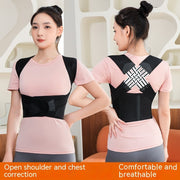 Unisex Anti-Humpback Chest Lift Brace Posture Corrector shown on model demonstrating open shoulder and chest correction.