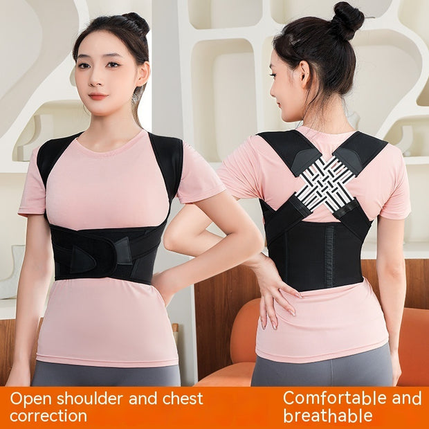 Unisex Anti-Humpback Chest Lift Brace Posture Corrector shown on model demonstrating open shoulder and chest correction.