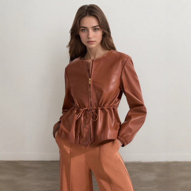Round Neck Brown Drawstring Short Long Sleeve Leather Coat