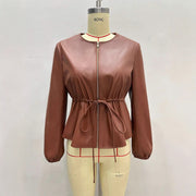 Round Neck Brown Drawstring Short Long Sleeve Leather Coat