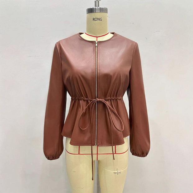 Round Neck Brown Drawstring Short Long Sleeve Leather Coat