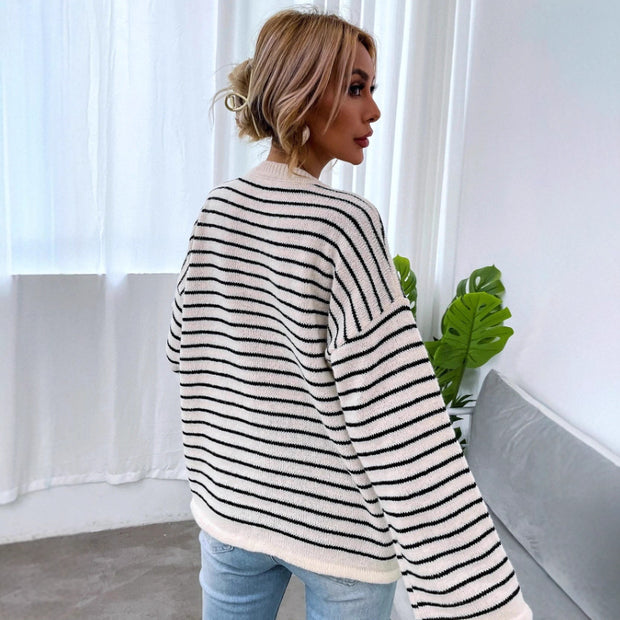 Women's Loose Casual Striped Contrast Color Loose Long Sleeve Top
