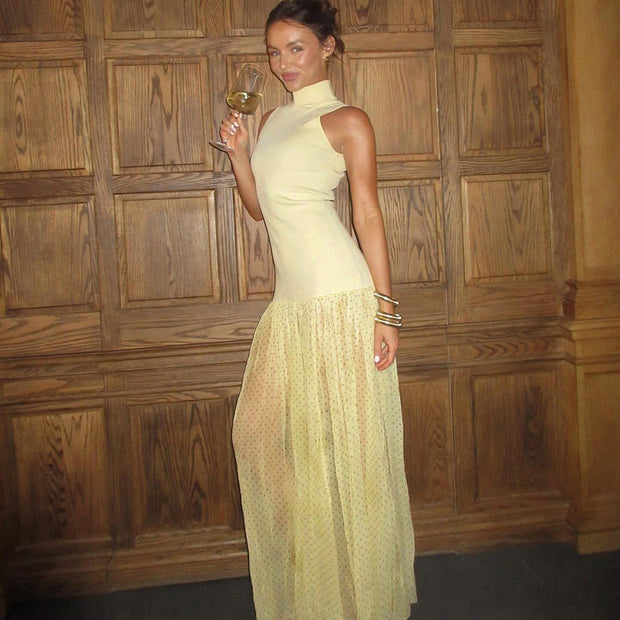 High Collar Temperament Slim-fitting Patchwork Long Fashion Polka Dot Dress