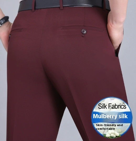 Men's Mulberry Silk Suit Pants Business Straight High Waist